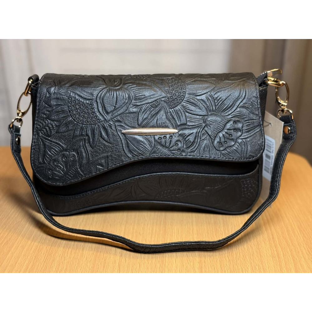 2 Straps Set Black Embossed Tooled Artisan LEATHER Shoulder Bag Crossbody Purse - Picture 10 of 15
